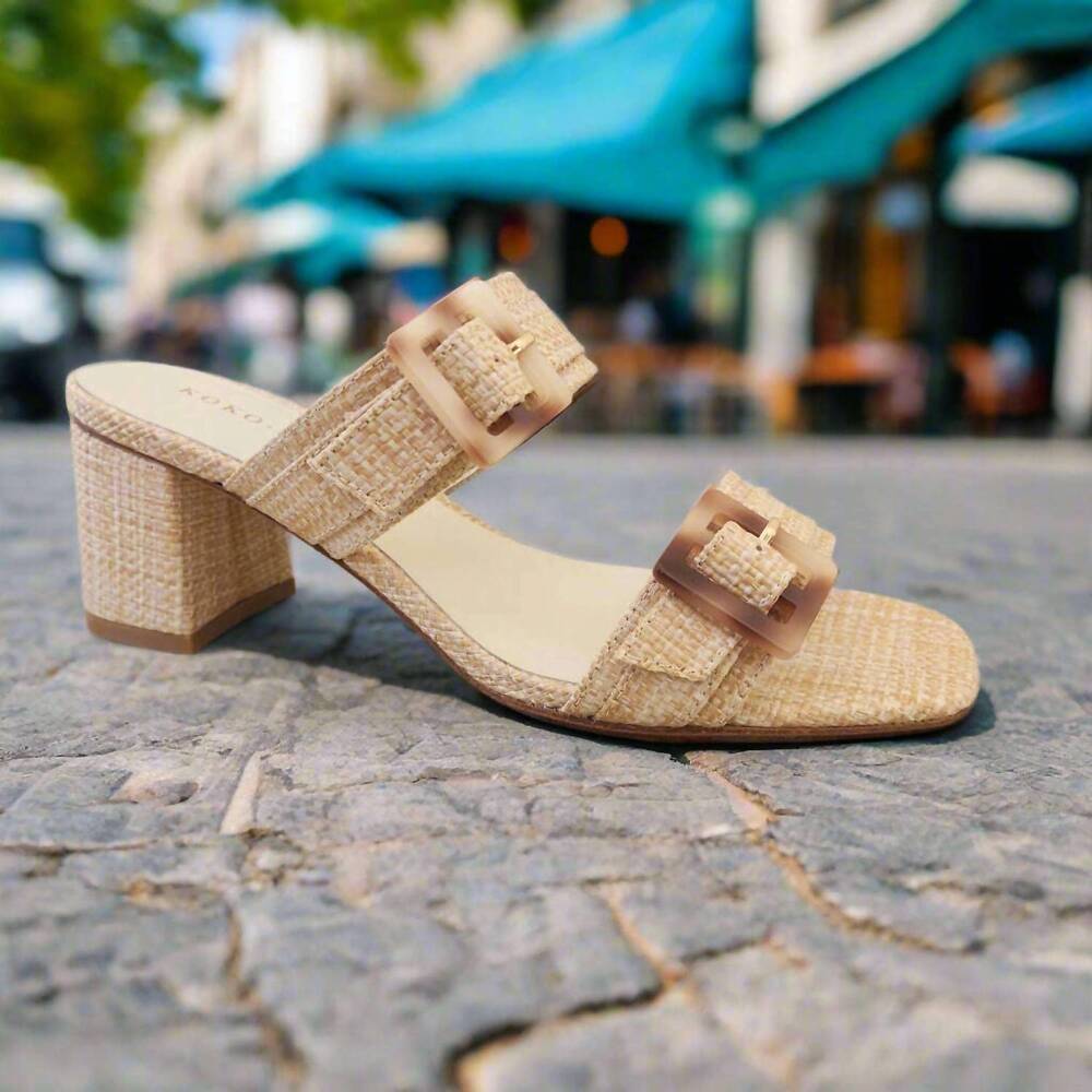 NEW KOKO + PALENKI women's resort heeled sandals in natural raffia